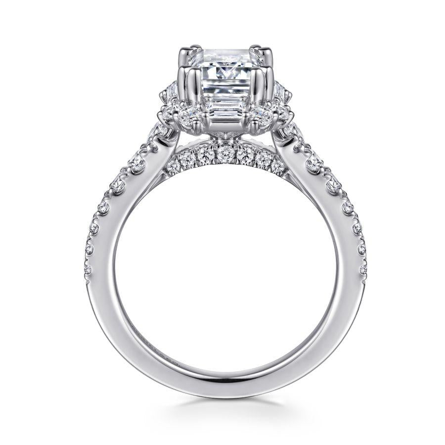 art deco 14k white gold halo emerald cut diamond engagement ring