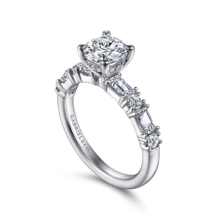 14k white gold baguette and round diamond engagement ring