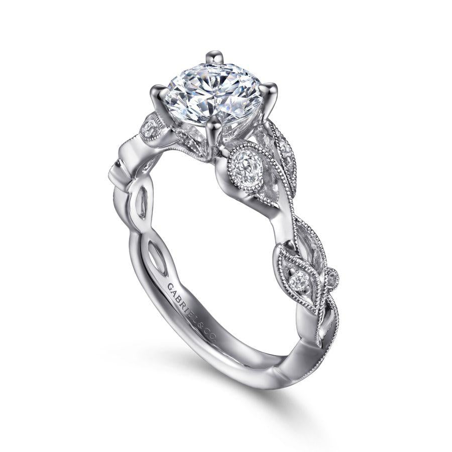 14k white gold floral round diamond engagement ring