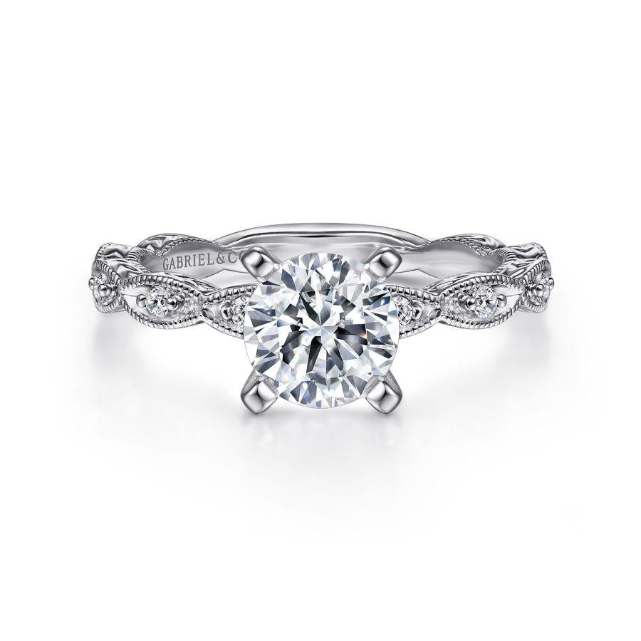 vintage inspired 14k white gold round diamond engagement ring