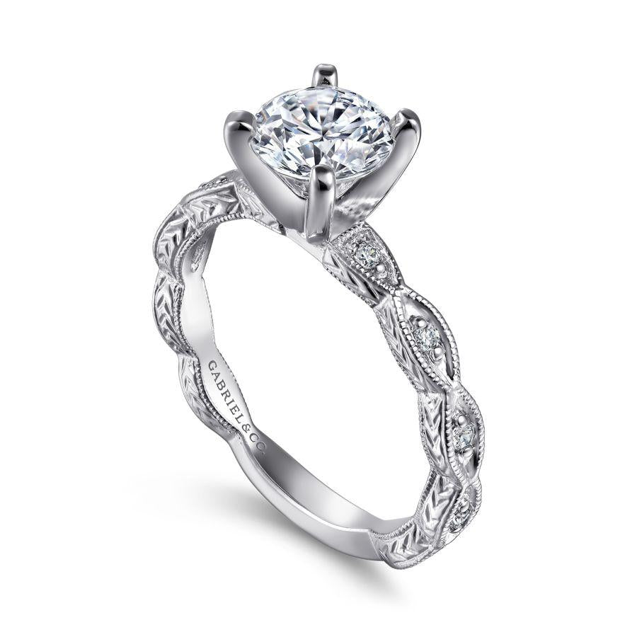 vintage inspired 14k white gold round diamond engagement ring