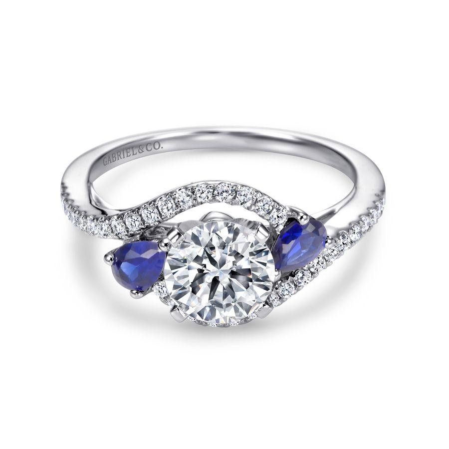 14k white gold round three stone sapphire and diamond engagement ring