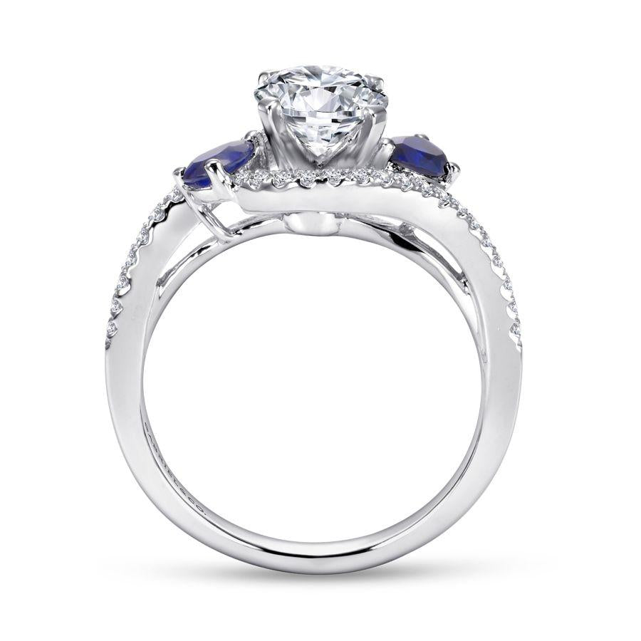 14k white gold round three stone sapphire and diamond engagement ring