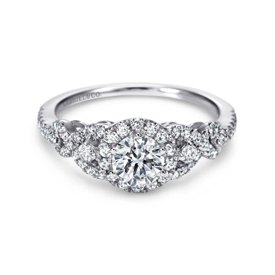 14k white gold round three stone halo diamond engagement ring