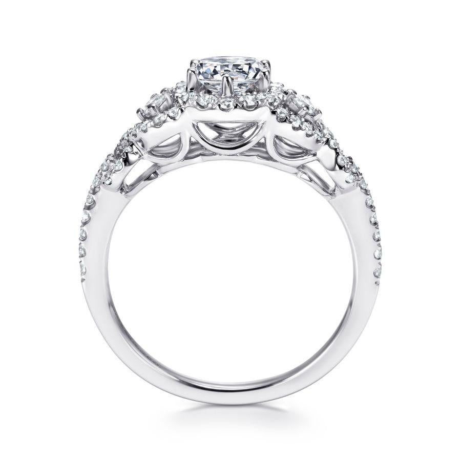 14k white gold round three stone halo diamond engagement ring