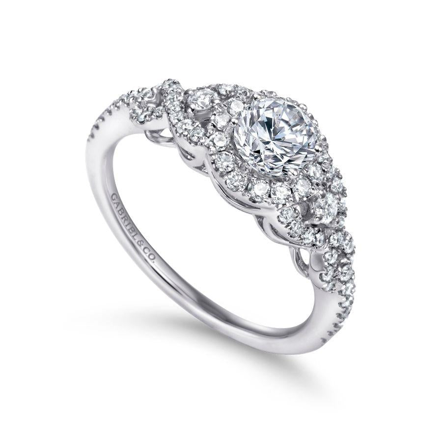 14k white gold round three stone halo diamond engagement ring