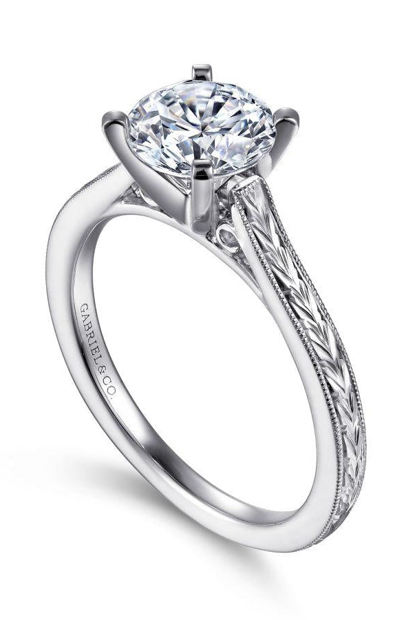 vintage inspired 14k white gold round solitaire engagement ring