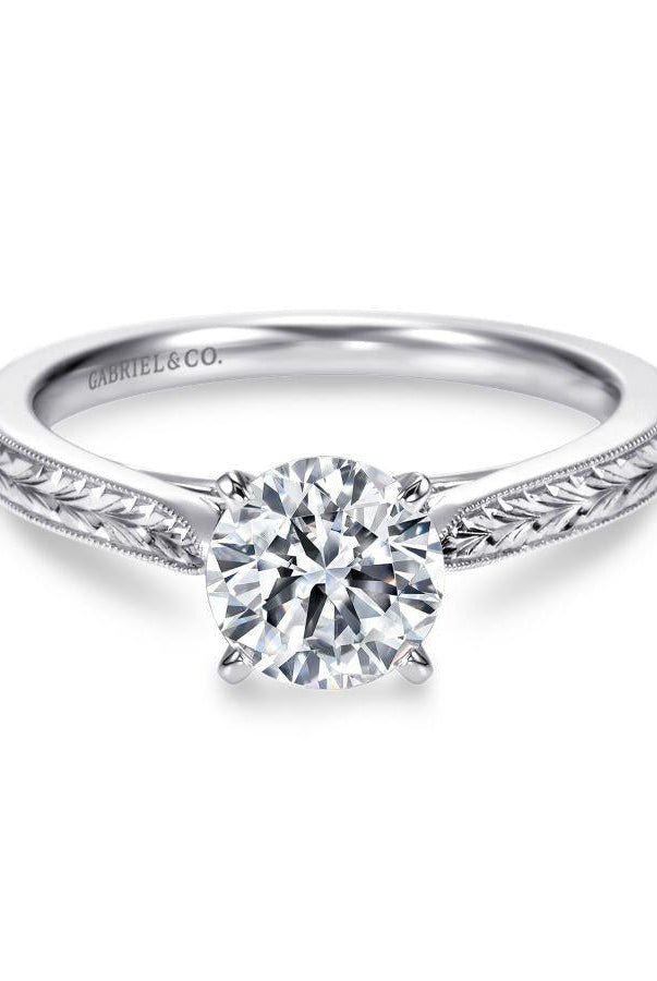 vintage inspired  14k white gold round solitaire engagement ring