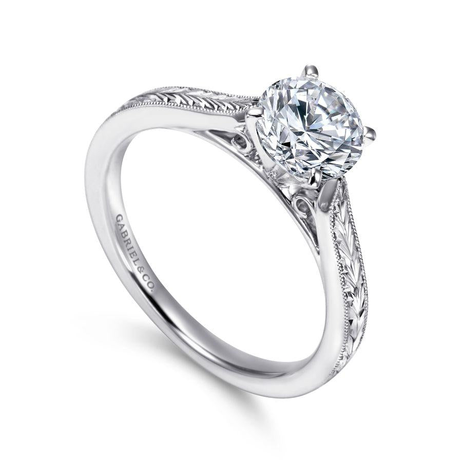 vintage inspired  14k white gold round solitaire engagement ring