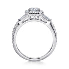 14k white gold three stone halo emerald cut diamond engagement ring