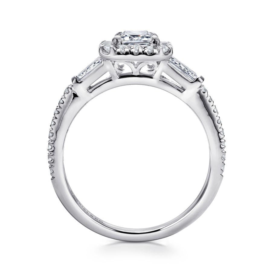 14k white gold three stone halo emerald cut diamond engagement ring