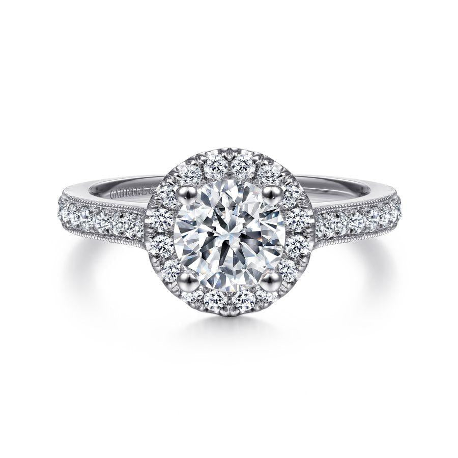 vintage inspired 14k white gold round halo diamond engagement ring