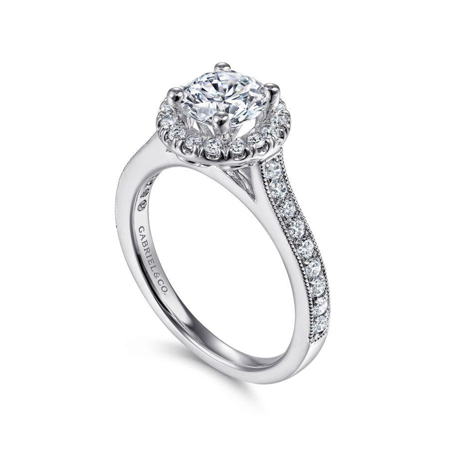 vintage inspired 14k white gold round halo diamond engagement ring