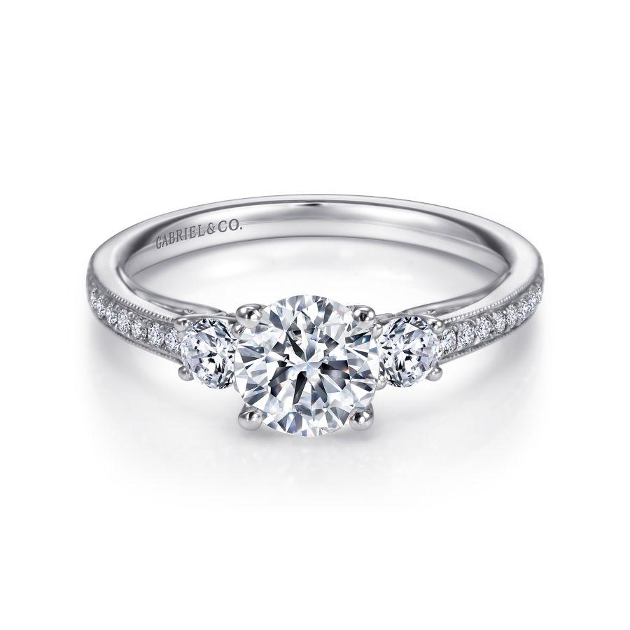 14k white gold round three stone diamond engagement ring