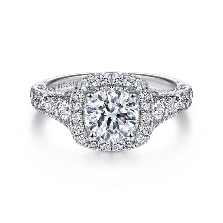 vintage inspired 14k white gold cushion halo round diamond engagement ring