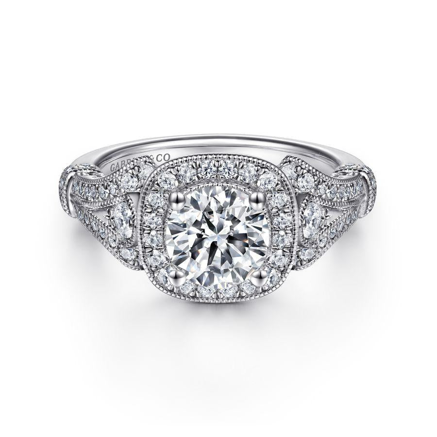 vintage inspired 14k white gold cushion halo round diamond engagement ring