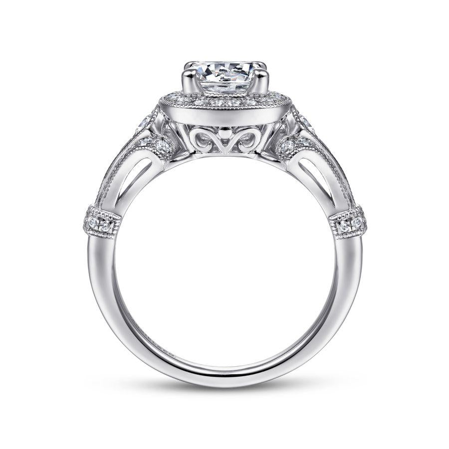 vintage inspired 14k white gold cushion halo round diamond engagement ring
