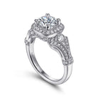vintage inspired 14k white gold cushion halo round diamond engagement ring