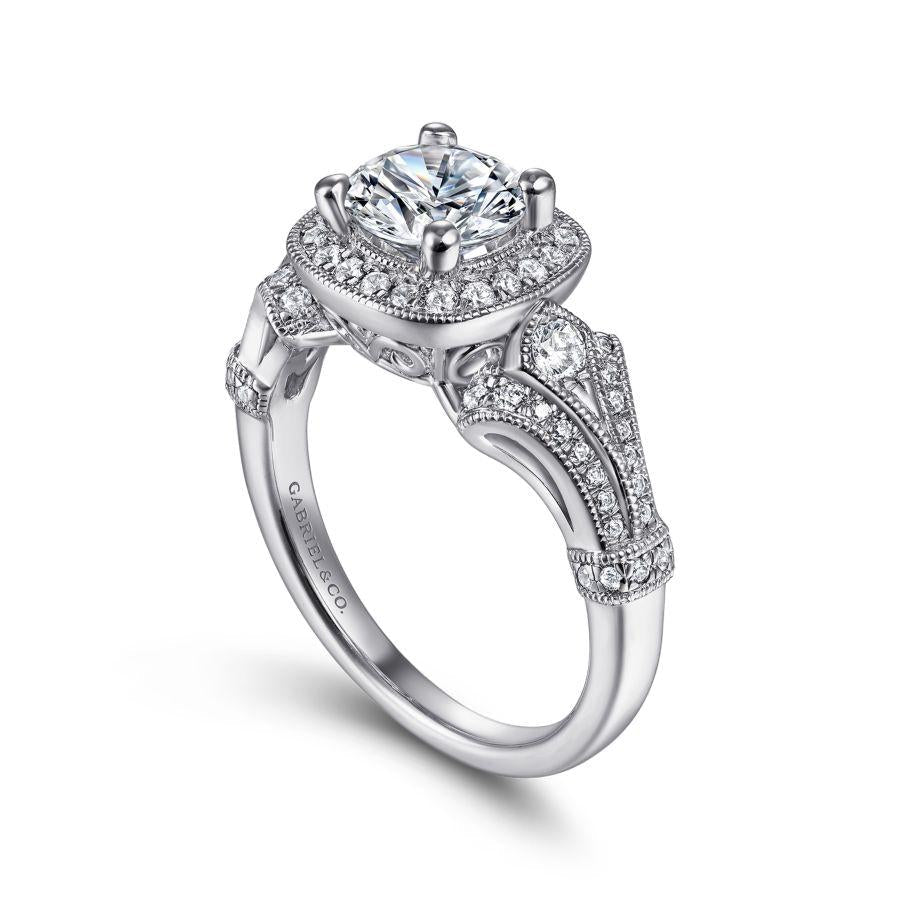 vintage inspired 14k white gold cushion halo round diamond engagement ring