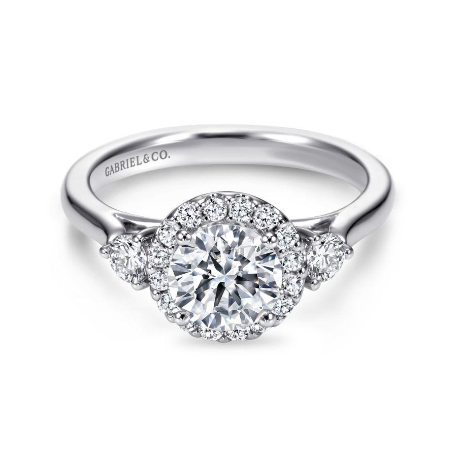14k white gold round three stone halo diamond engagement ring