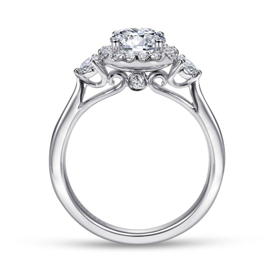 14k white gold round three stone halo diamond engagement ring