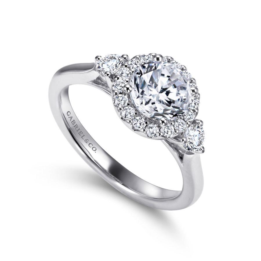 14k white gold round three stone halo diamond engagement ring