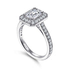 vintage inspired 14k white gold emerald halo diamond engagement ring
