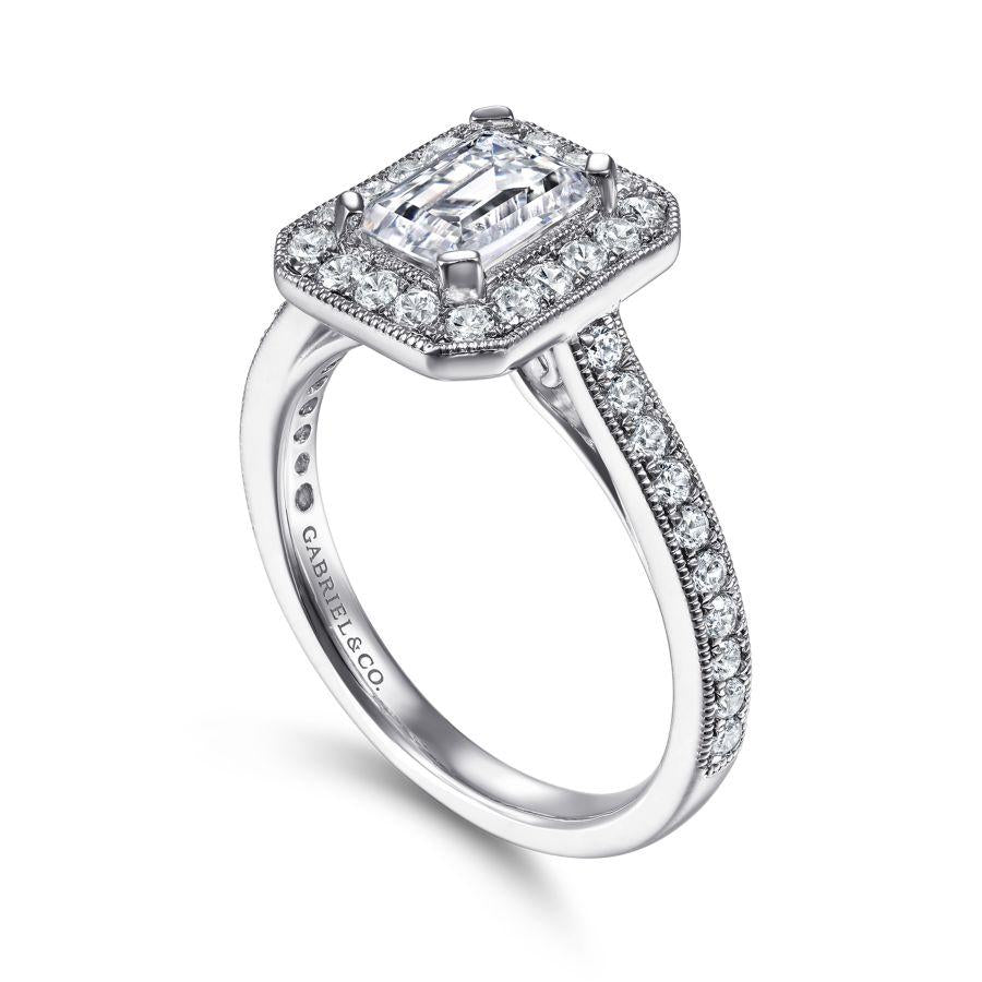 vintage inspired 14k white gold emerald halo diamond engagement ring