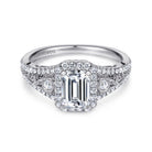 vintage inspired 14k white gold emerald halo diamond engagement ring
