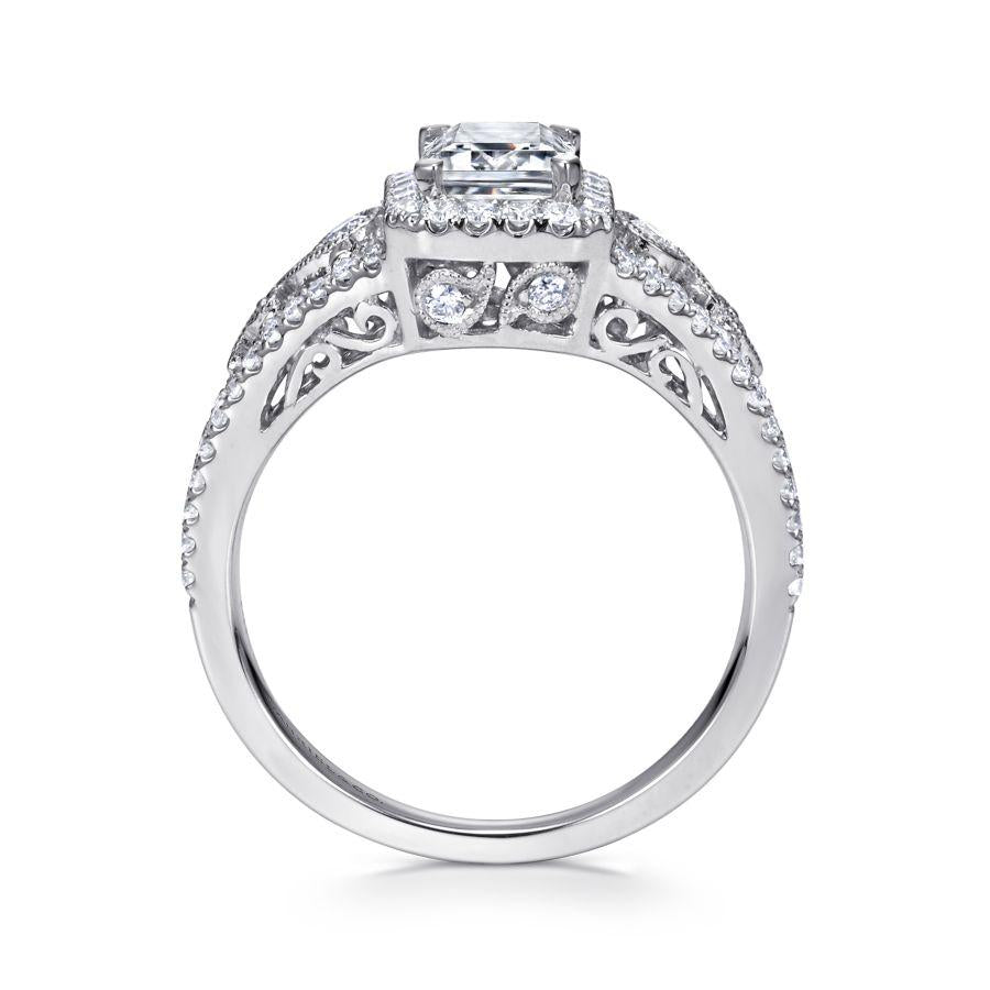 vintage inspired 14k white gold emerald halo diamond engagement ring
