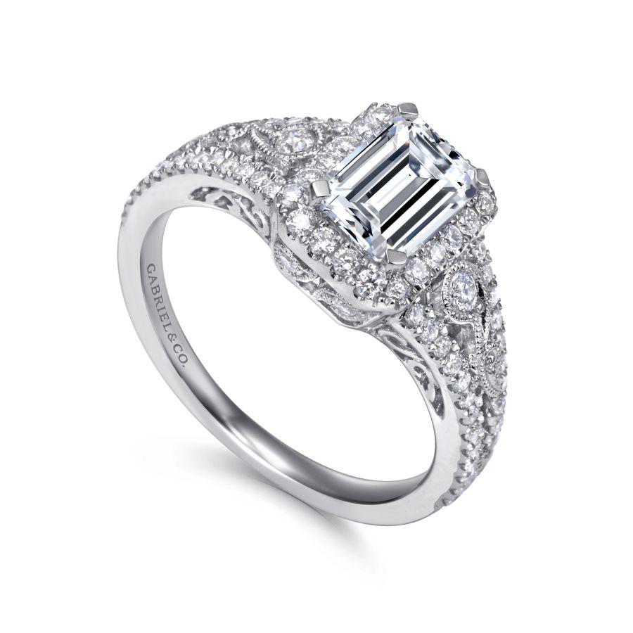 vintage inspired 14k white gold emerald halo diamond engagement ring