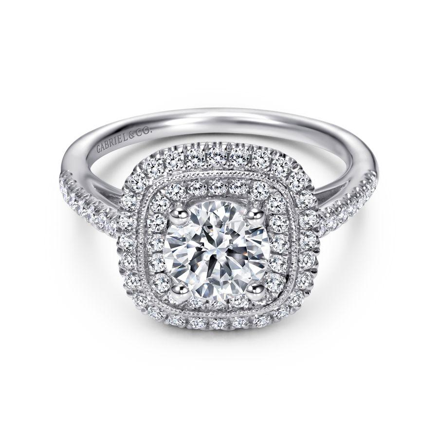 vintage inspired 14k white gold round double halo diamond engagement ring