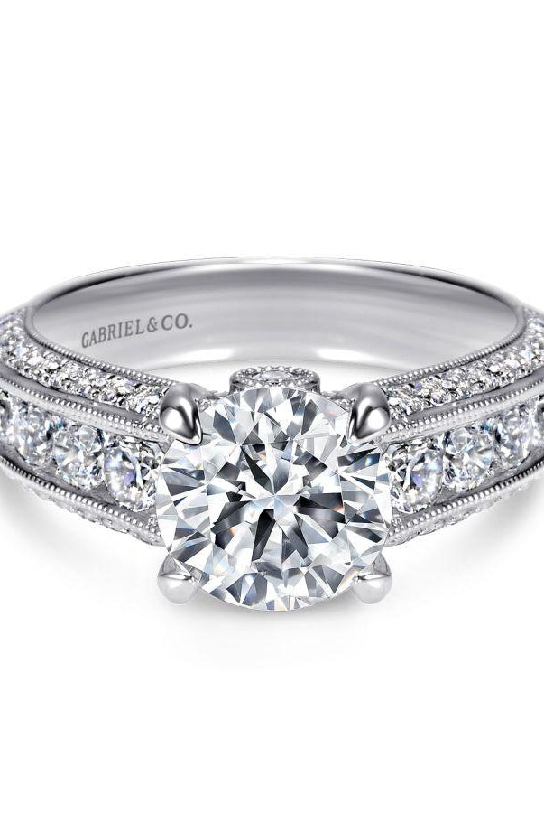 vintage inspired 14k white gold round wide band diamond engagement ring