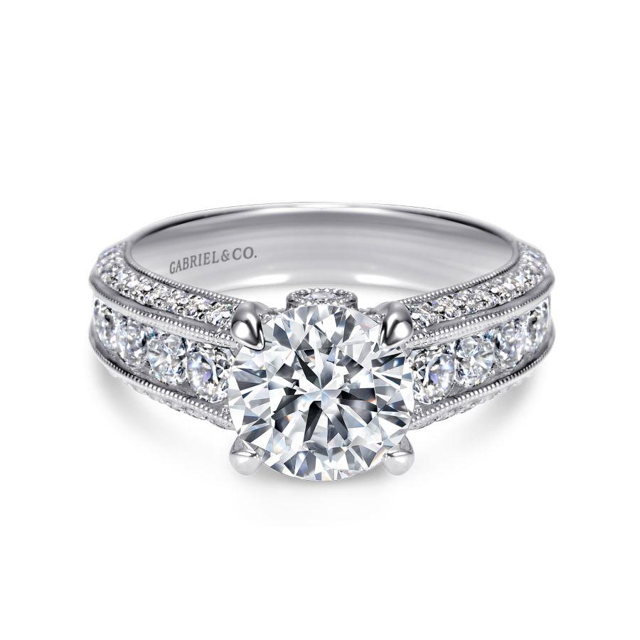 vintage inspired 14k white gold round wide band diamond engagement ring