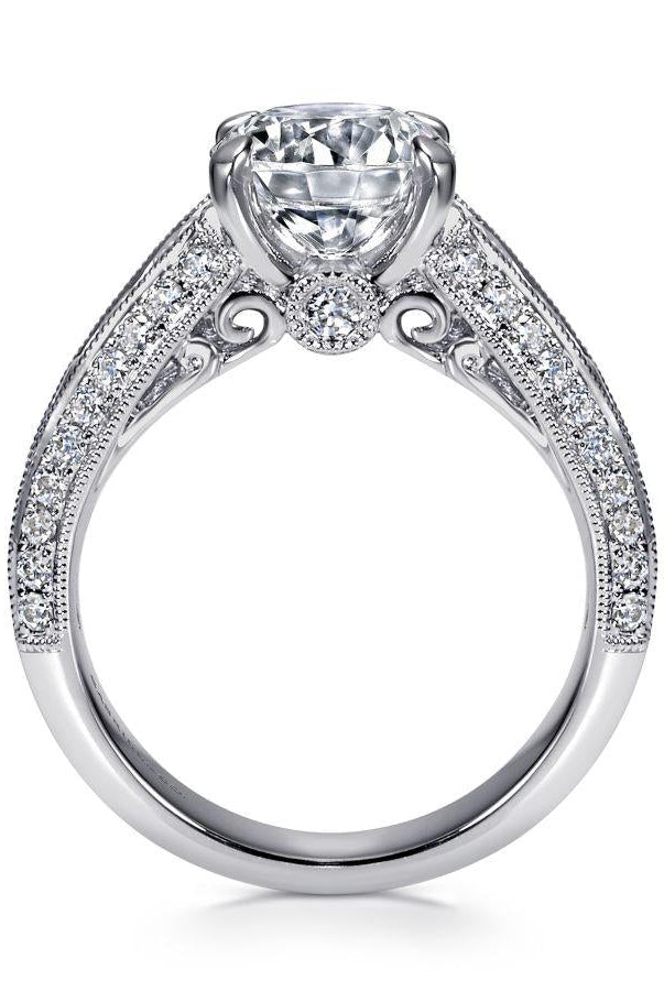 vintage inspired 14k white gold round wide band diamond engagement ring