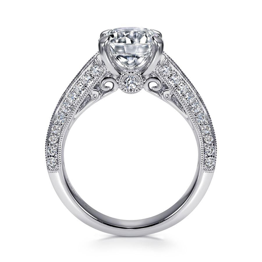 vintage inspired 14k white gold round wide band diamond engagement ring
