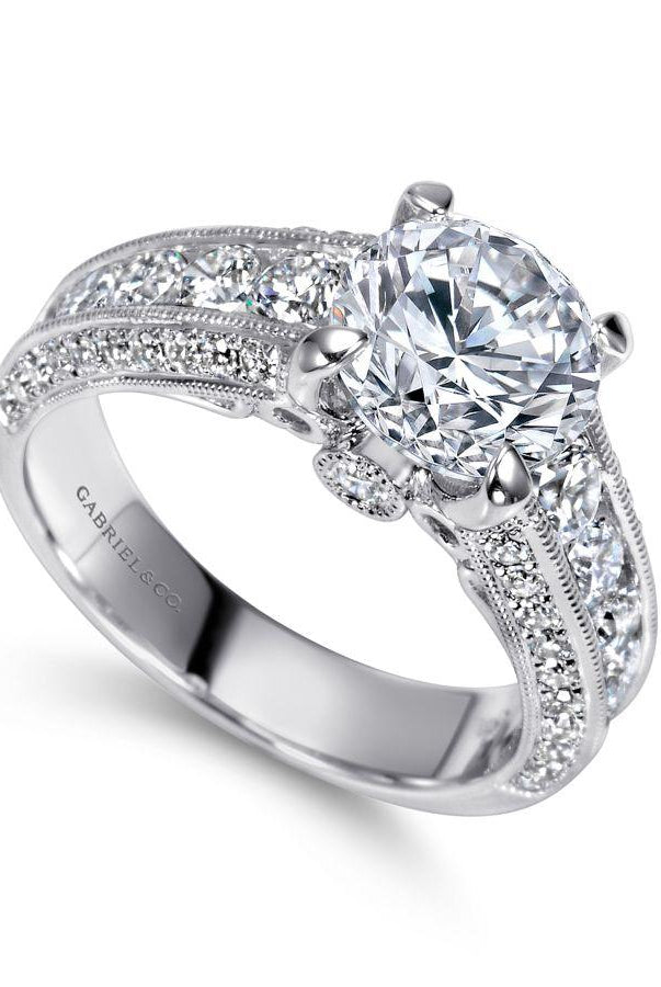 vintage inspired 14k white gold round wide band diamond engagement ring