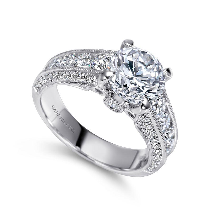 vintage inspired 14k white gold round wide band diamond engagement ring