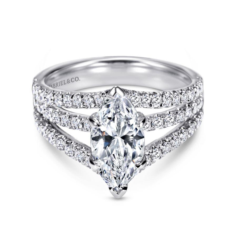 14k white gold marquise shape split shank diamond engagement ring