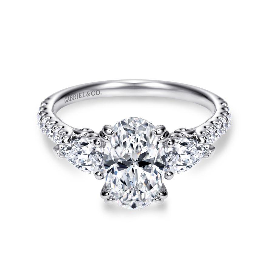 14k white gold oval three stone diamond engagement ring