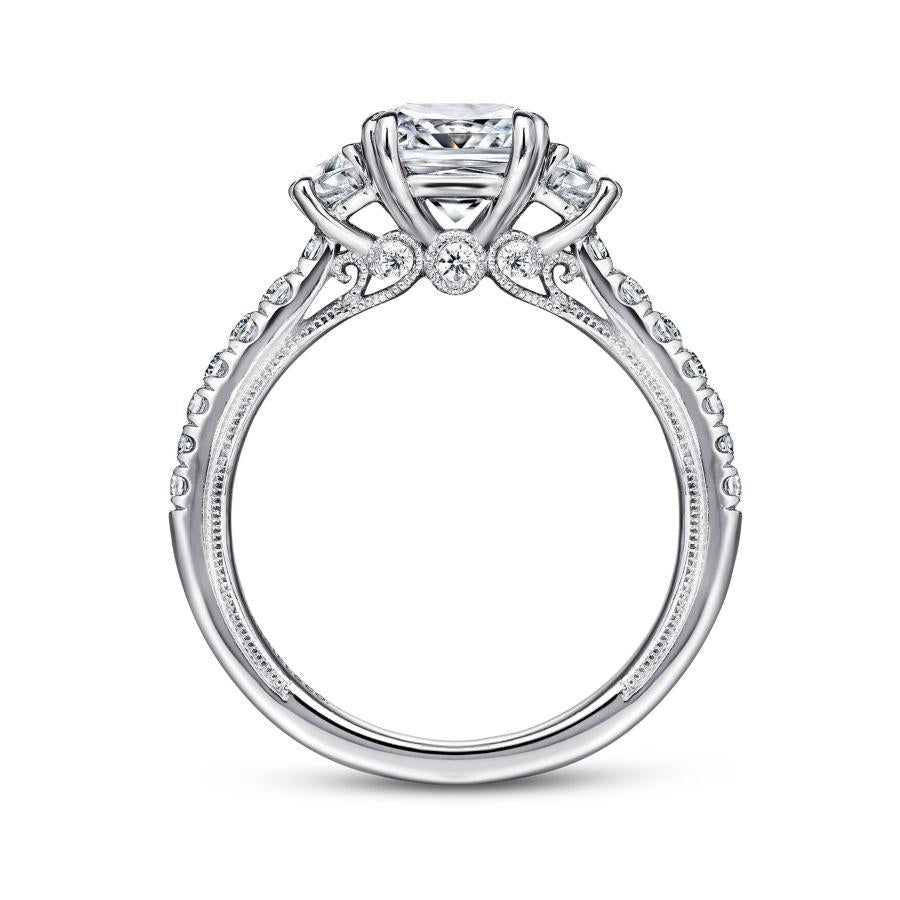 14k white gold cushion cut three stone diamond engagement ring