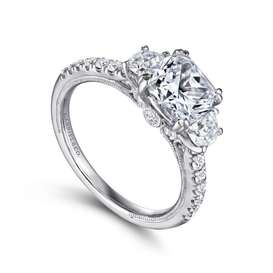 14k white gold cushion cut three stone diamond engagement ring