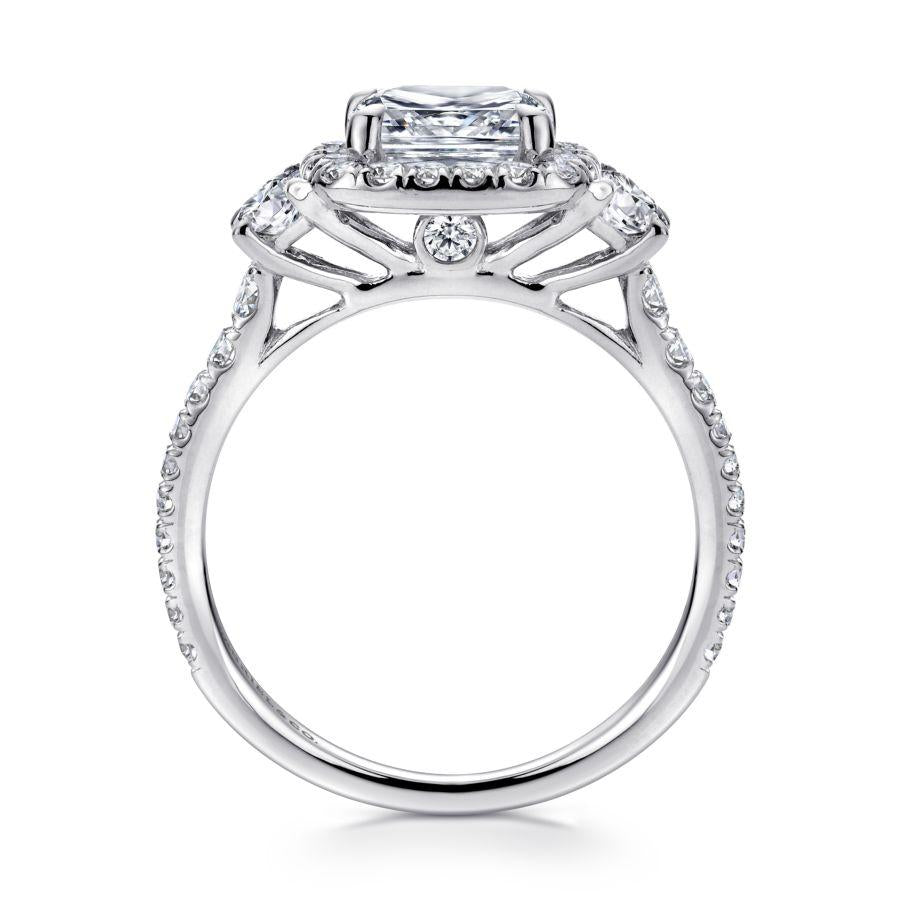 14k white gold cushion three stone halo diamond engagement ring