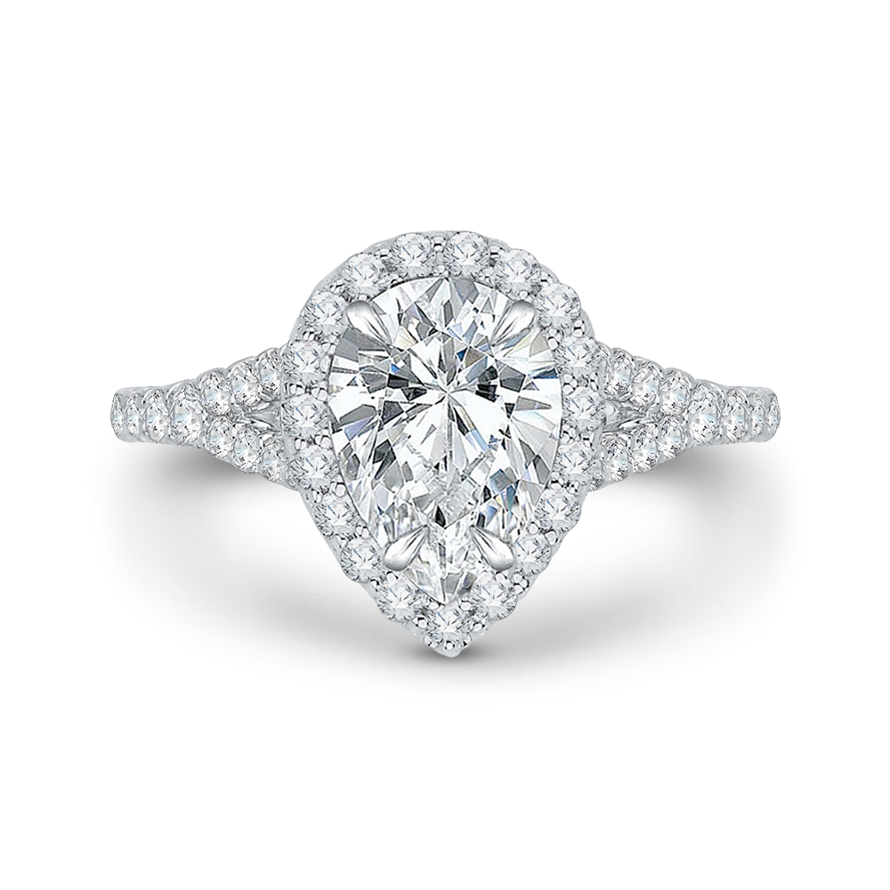 14k white gold pear diamond halo engagement ring with split shank (semi mount)