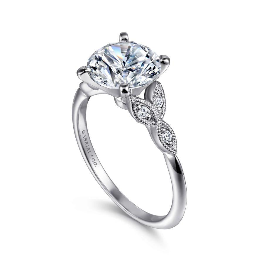 vintage inspired 14k white gold split shank round diamond engagement ring