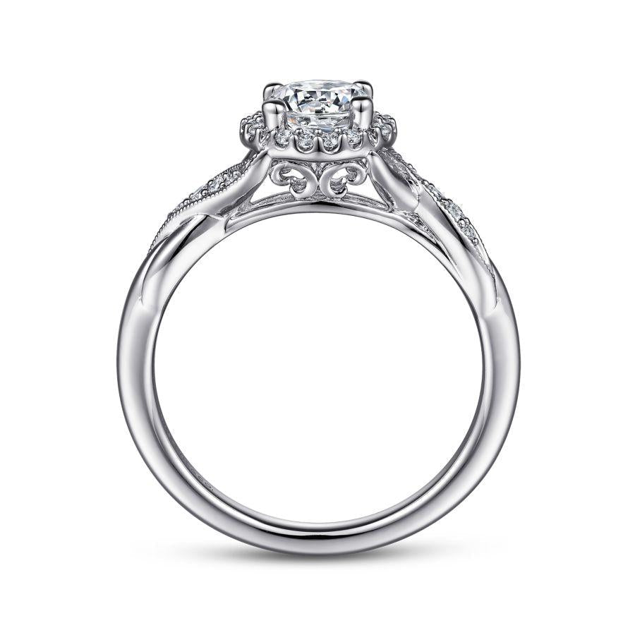 vintage inspired 14k white gold round halo diamond engagement ring