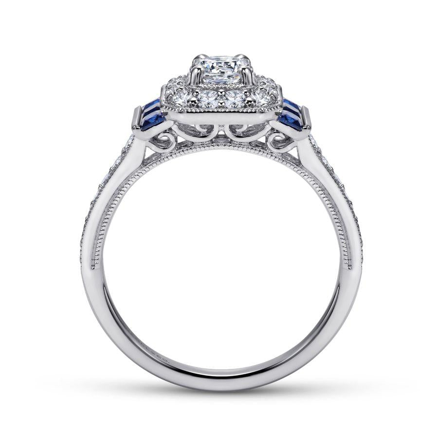 vintage inspired 14k white gold round halo sapphire and diamond engagement ring