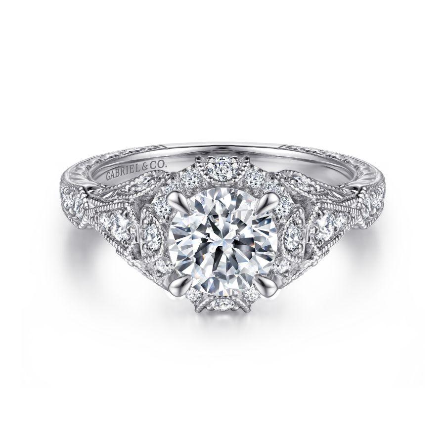 unique 14k white gold vintage inspired diamond halo engagement ring