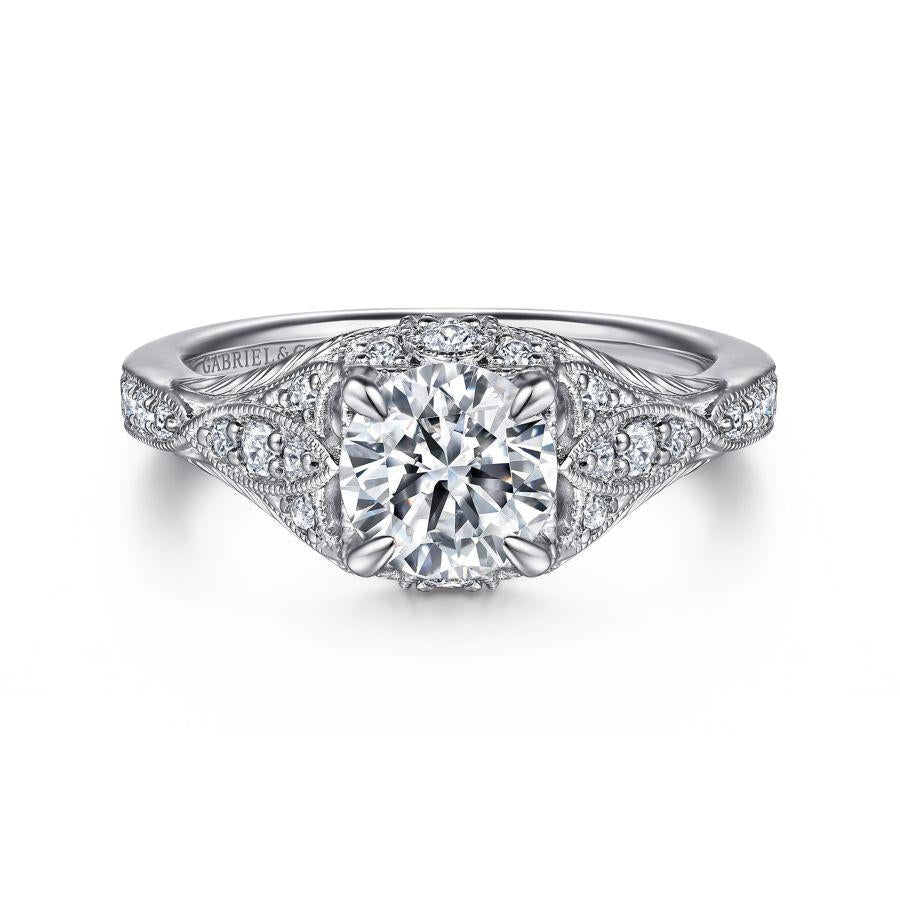 unique 14k white gold vintage inspired diamond halo engagement ring