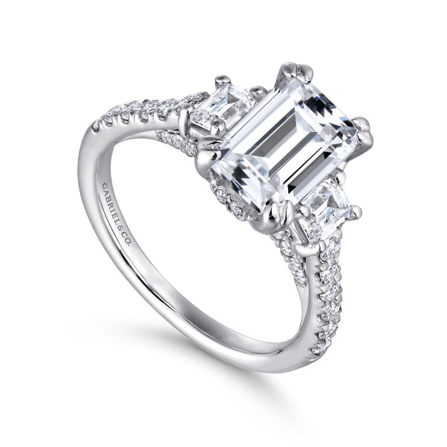 14k white gold emerald cut three stone diamond engagement ring